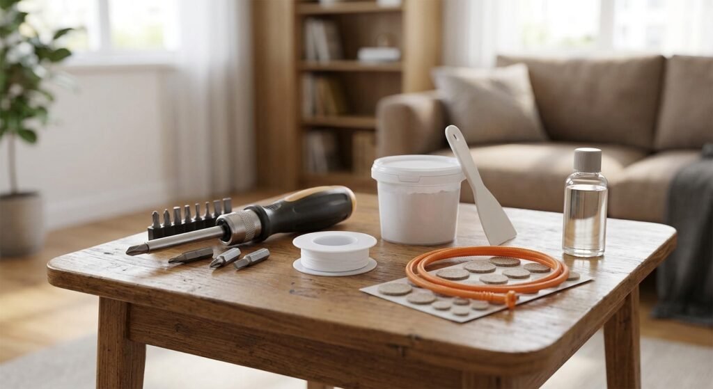 Renter's basic repair kit with screwdriver, spackle, thread seal tape, and drain snake on a table