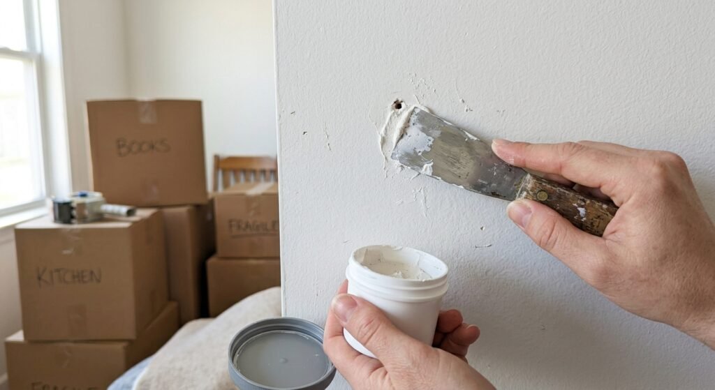 Filling nail holes in a wall with spackle and a putty knife before moving out