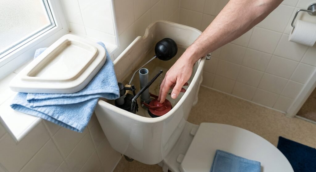 Open toilet tank showing the flapper, float, and fill valve while fixing a running toilet