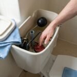 Open toilet tank showing the flapper, float, and fill valve while fixing a running toilet