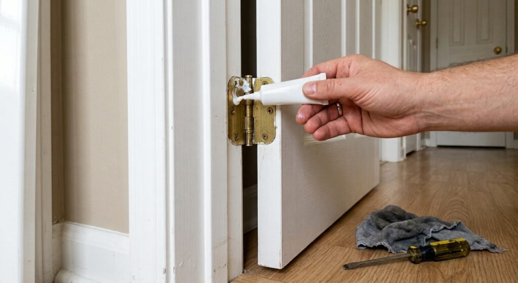 Hand applying lubricant to a squeaky door hinge on a white interior door