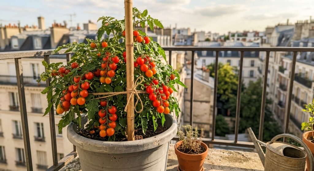 Cherry tomato plant heavy with ripe fruit growing in a large pot on an apartment balcony