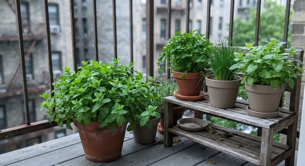 Pots of herbs that grow in shade including mint, parsley, and chives on a shaded balcony
