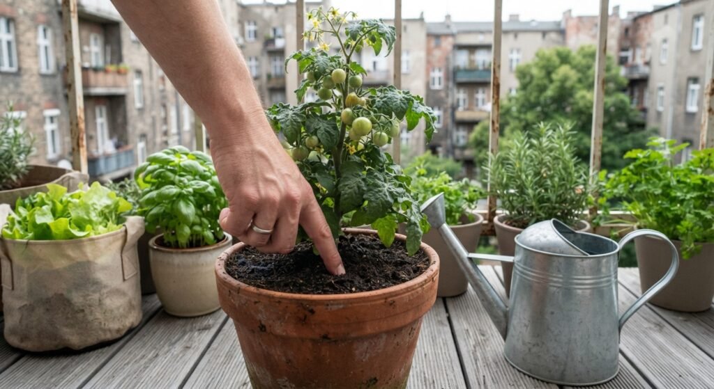 Checking soil with a finger to know how often to water container plants on a balcony