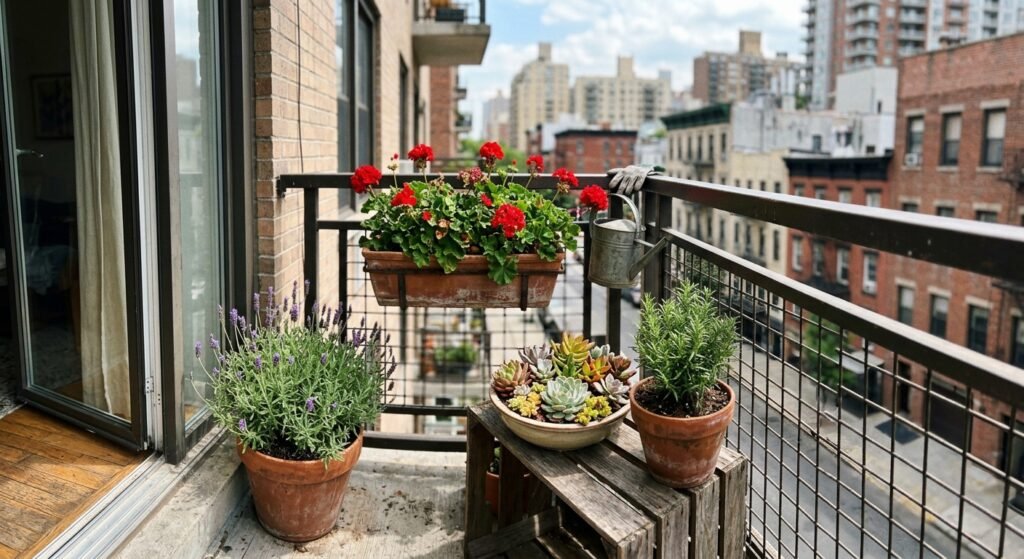 Low maintenance balcony plants including succulents, lavender, and geraniums on a small apartment balcony