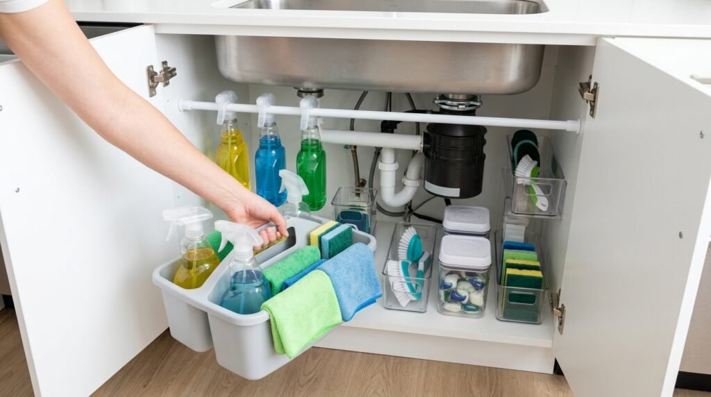 Neatly organized cleaning supplies in a caddy under a small apartment kitchen sink