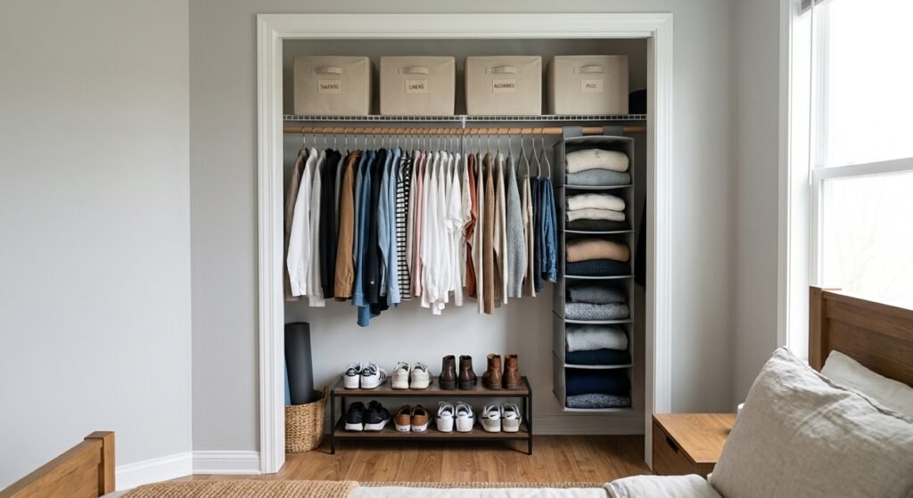 Small closet organized on a budget with slim hangers, hanging shelves, and labeled bins