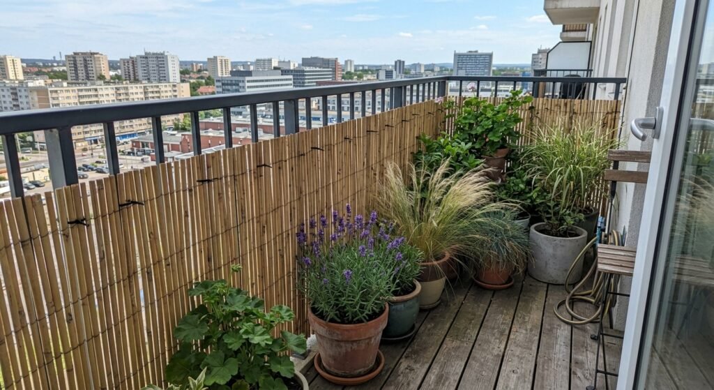 Balcony plants protected from wind by bamboo screening attached to the railing