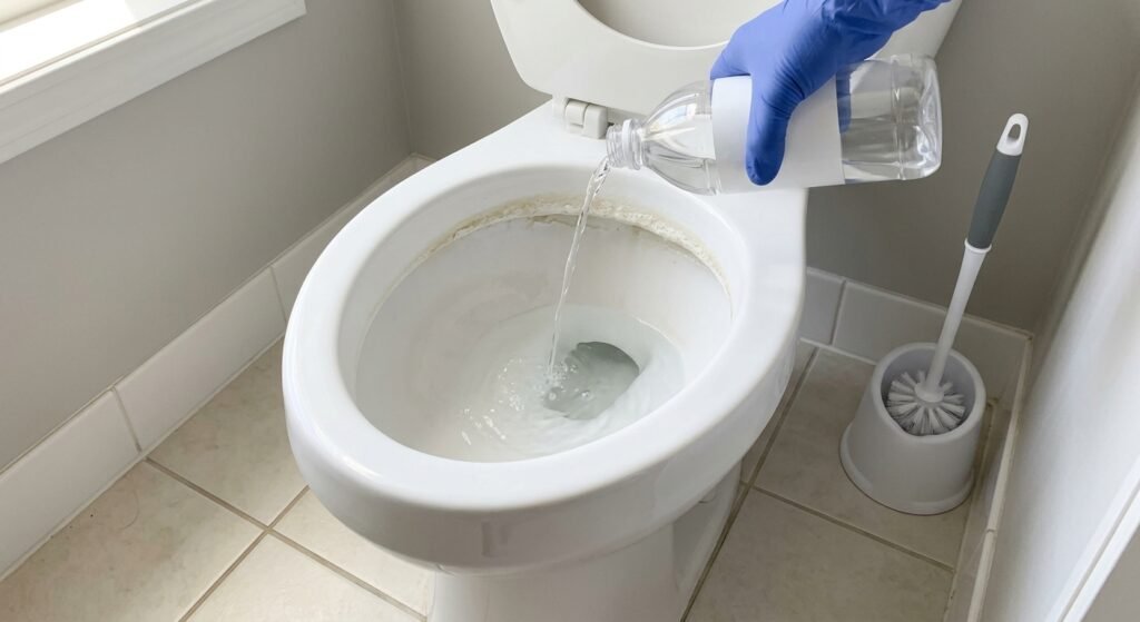 Pouring white vinegar into a toilet bowl to remove hard water stains without harsh chemicals