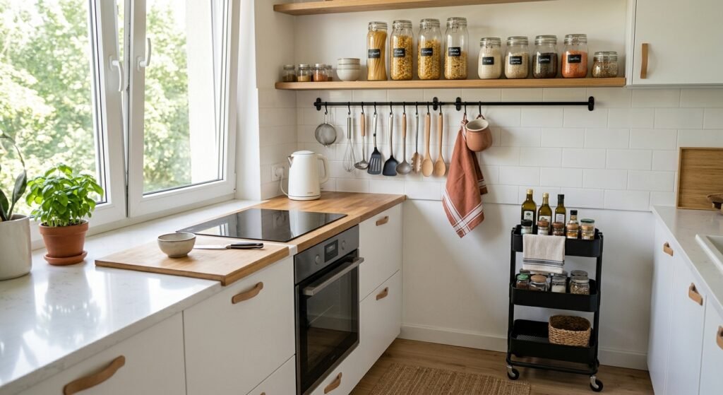 Small apartment kitchen organized with wall rails, shelf risers, and a clear counter