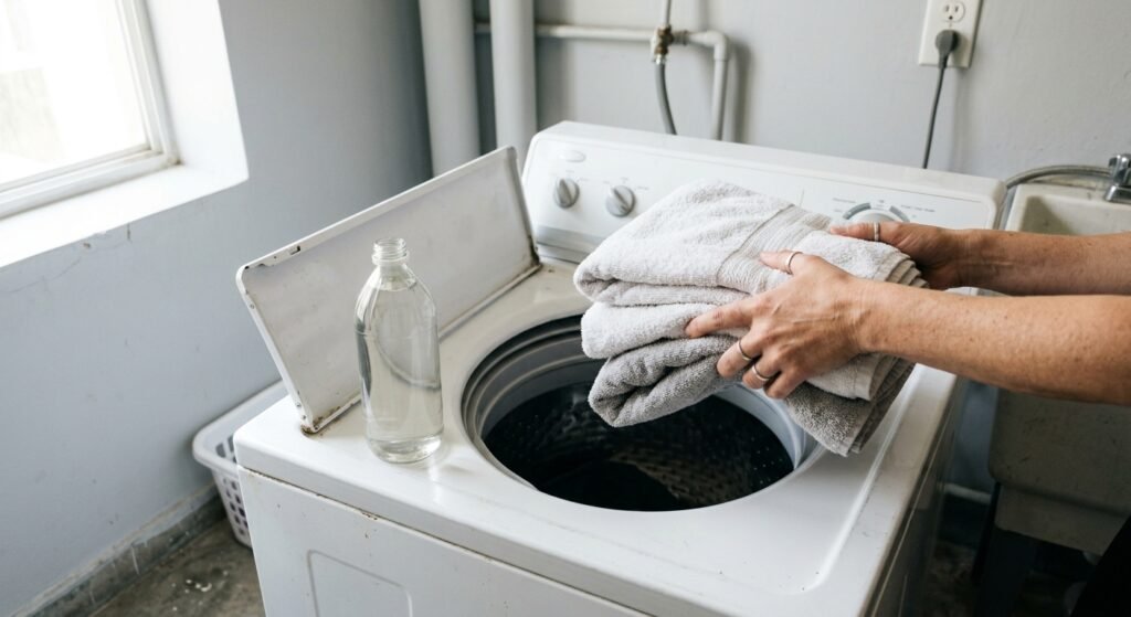 Freshly washed towels being sniffed by the washing machine because towels smell after washing