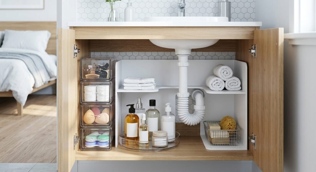 Organized under-sink cabinet in a small bathroom with clear drawers and a turntable