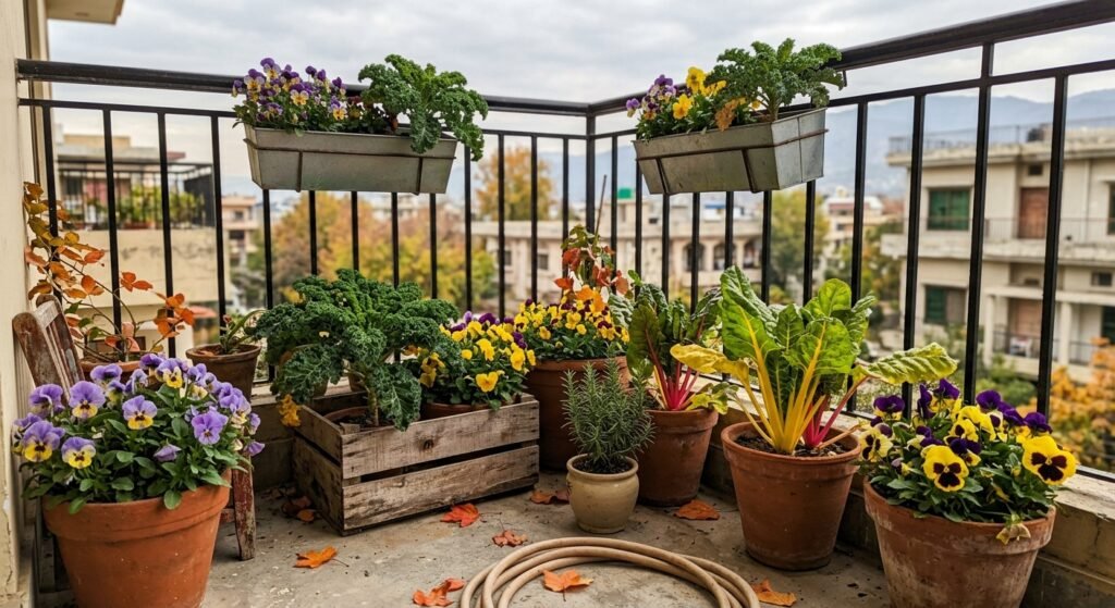 Fall container garden on a balcony with pansies, kale, and potted herbs in autumn light