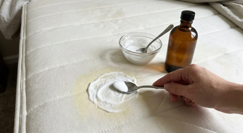 Baking soda paste spread over a yellow sweat stain on a mattress