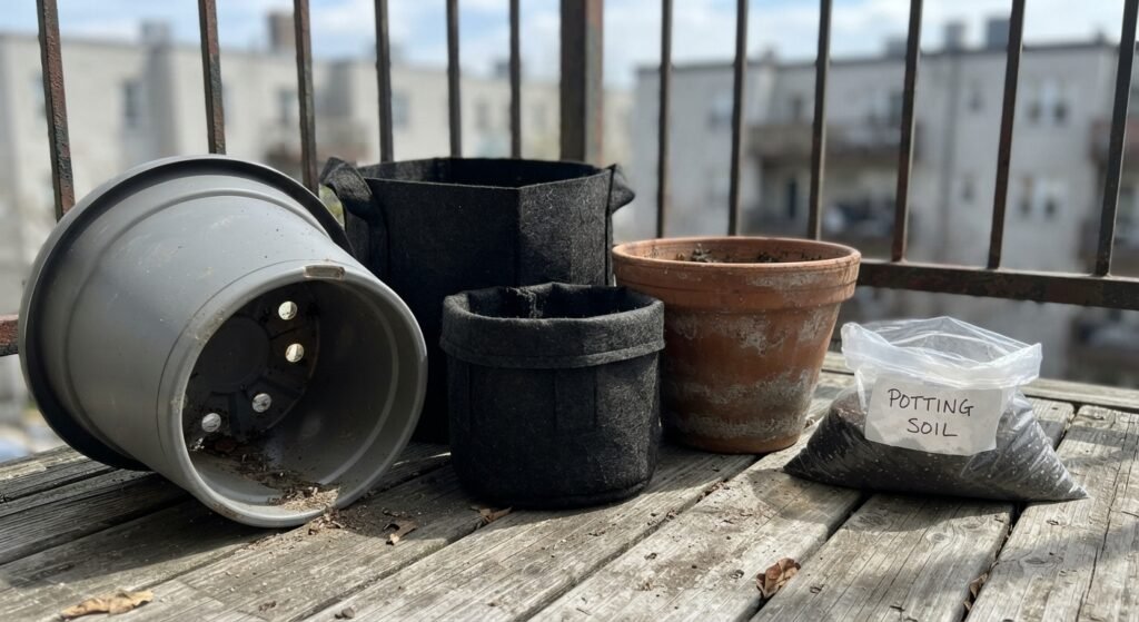 Different sized containers for a balcony vegetable garden showing drainage holes