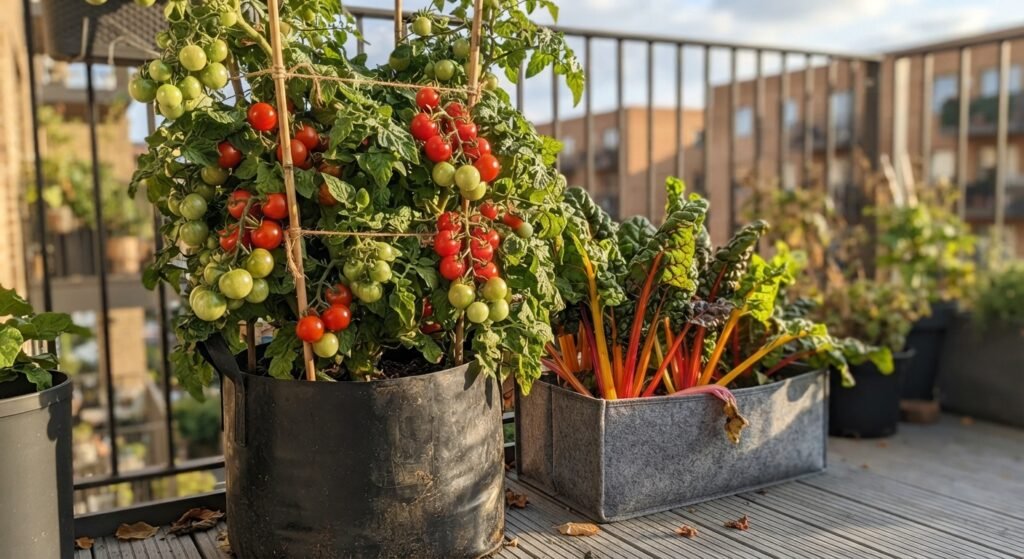 Cherry tomatoes and Swiss chard growing in large containers on a balcony