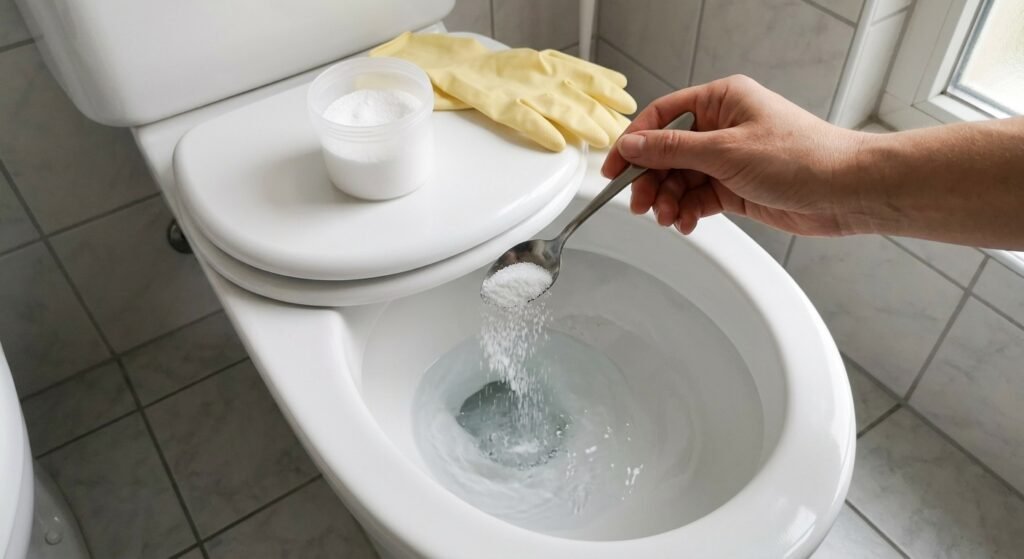 Spoonful of citric acid powder being added to a toilet bowl to dissolve limescale stains
