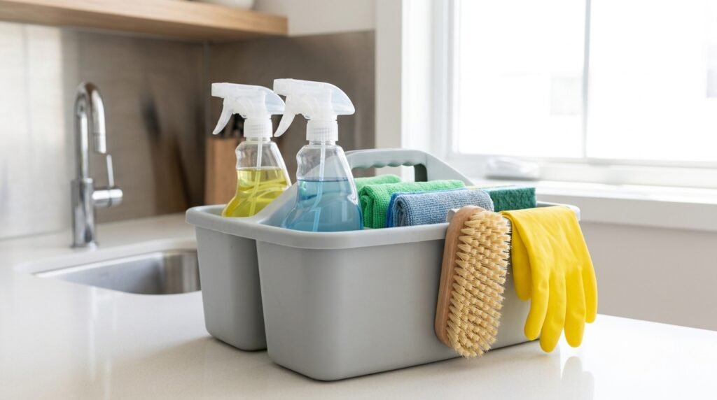 Portable cleaning caddy packed with spray bottles, microfiber cloths, and gloves