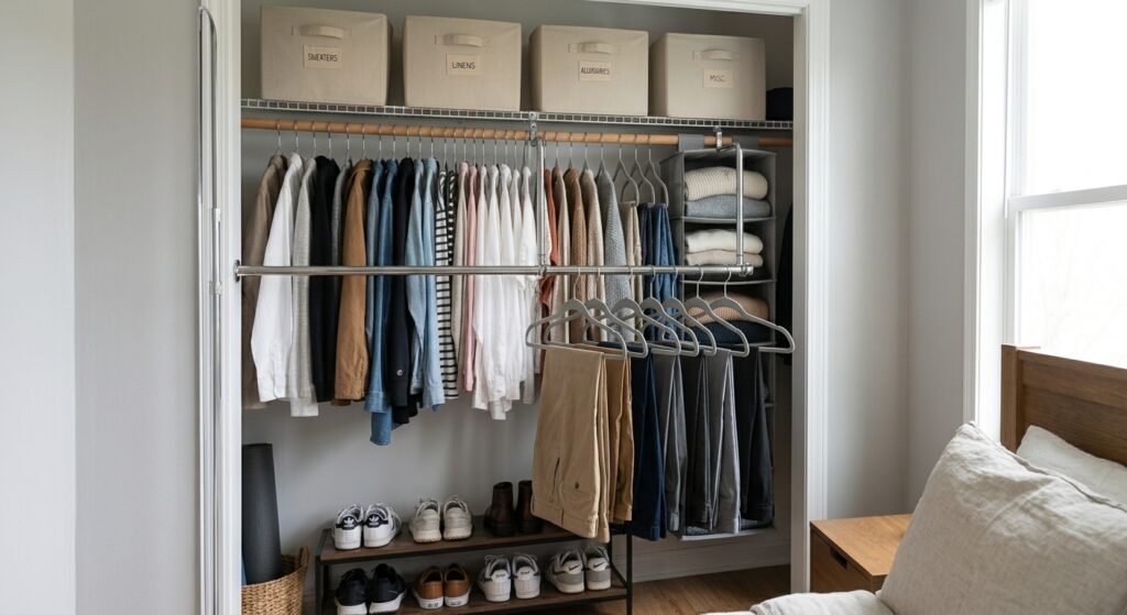 Hanging second rod doubling the hanging space in a small closet