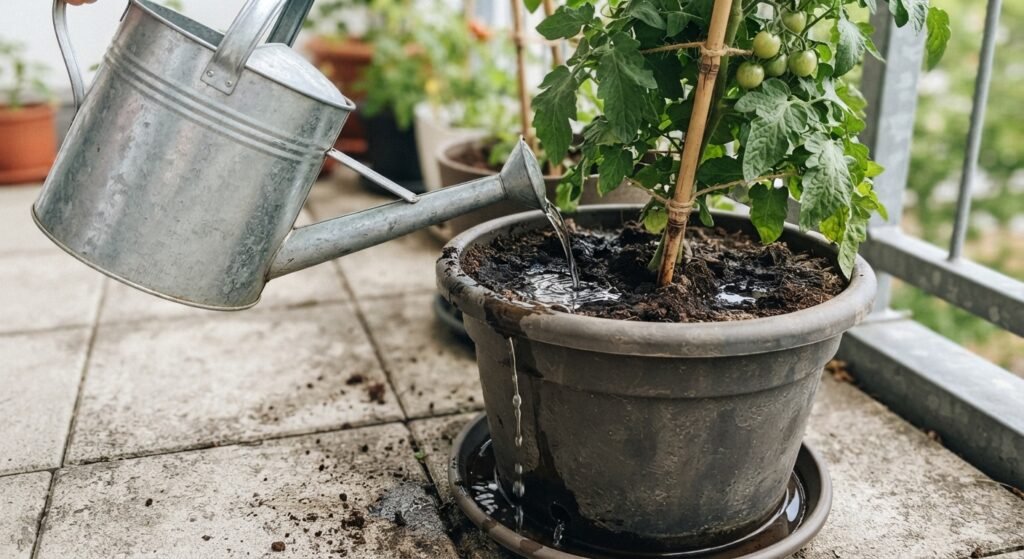 Water draining from the bottom of a container plant after a deep watering