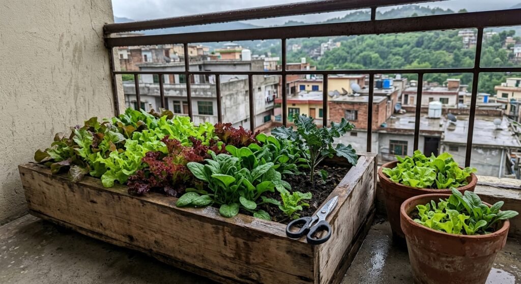 Lettuce, spinach, and kale growing in fall containers on a small balcony