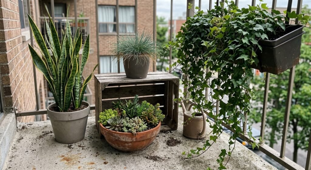 Collection of hard to kill balcony plants in pots, including snake plant, sedum, and ornamental grass