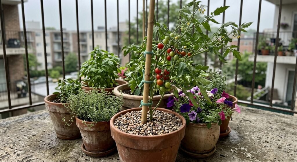 Heavy terracotta pots clustered together at floor level to protect balcony plants from wind