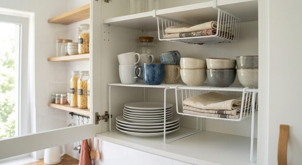 Open kitchen cupboard with wire shelf risers doubling the storage space