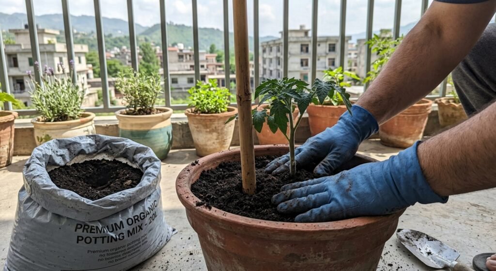 Planting a young tomato seedling deep in a large container with a stake beside it