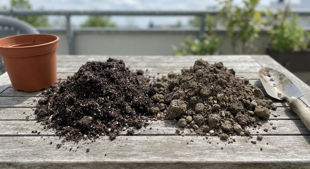 Light fluffy potting mix beside dense garden soil showing the difference for containers