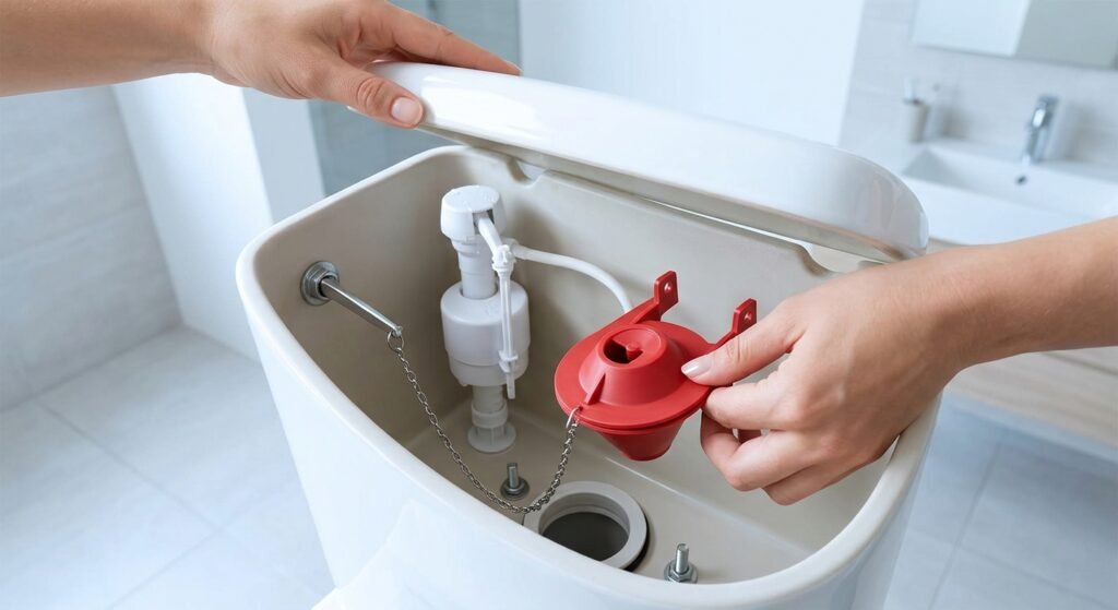 Replacing a worn rubber flapper inside a toilet tank to stop it running