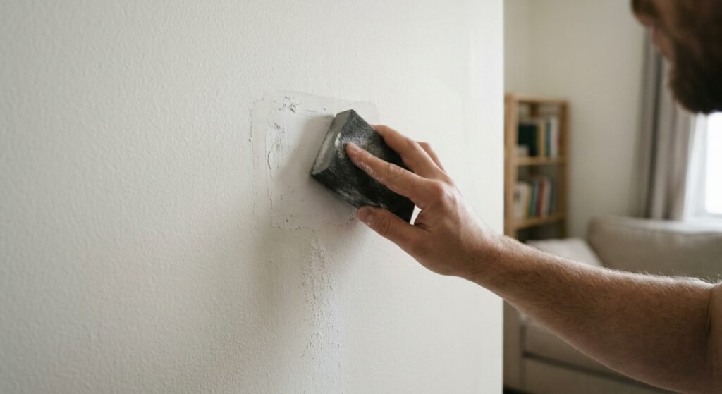 Sanding a dried spackle patch on a wall smooth with a sanding sponge
