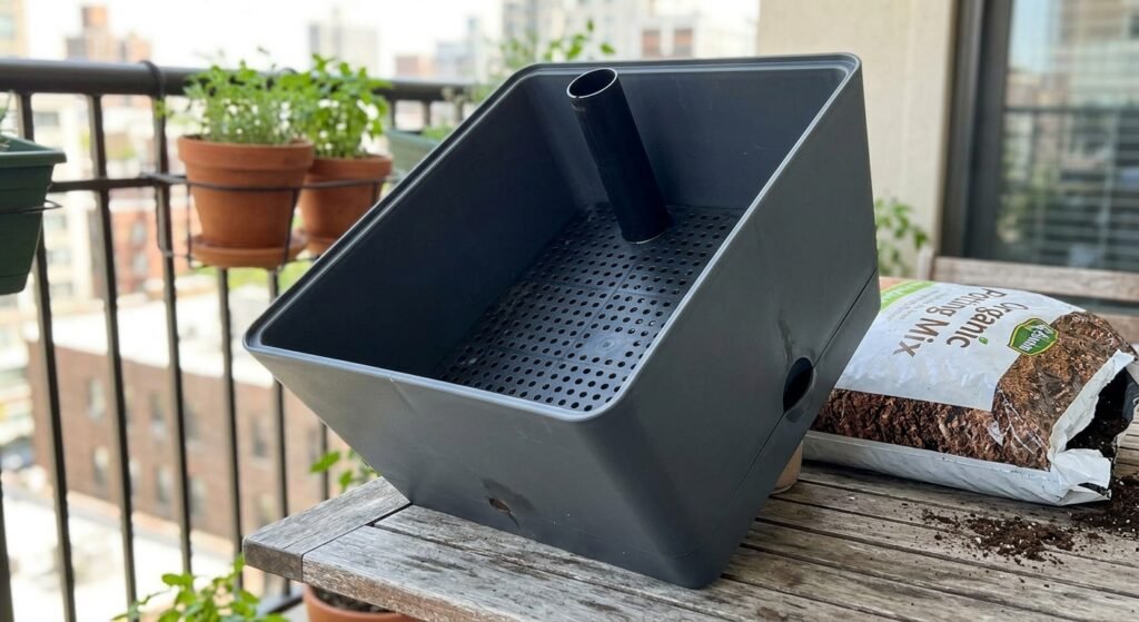 Inside of an empty self watering planter showing the reservoir platform and fill tube