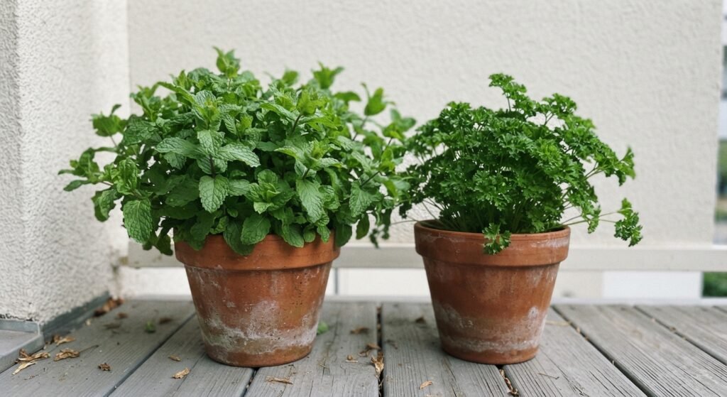 Close-up of healthy mint and parsley growing in containers in bright shade