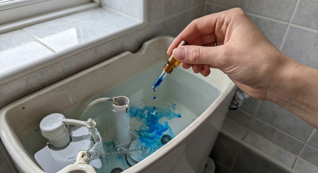Food coloring dye test in a toilet tank to find a leaking flapper causing a running toilet