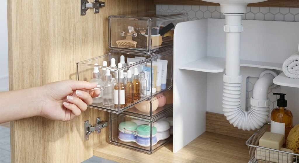 Clear stacking drawers organizing toiletries beside the pipe under a bathroom sink