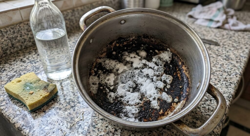 Baking soda fizzing over the burnt bottom of a pot after a vinegar soak