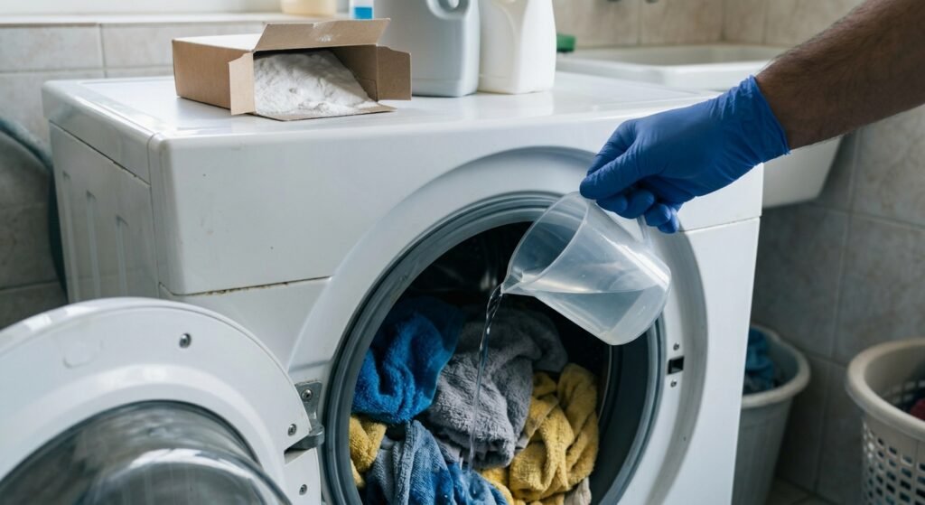 Pouring white vinegar into a washing machine drum full of towels to strip detergent buildup