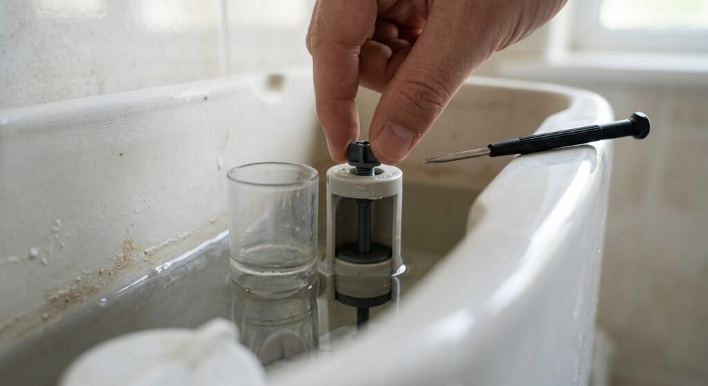 Adjusting the float cup screw inside a toilet tank to stop water running into the overflow tube