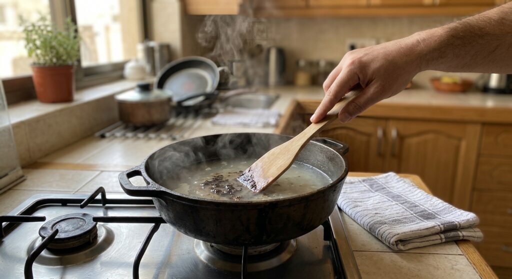 Wooden spatula gently loosening softened burnt food from a cast iron pot with hot water