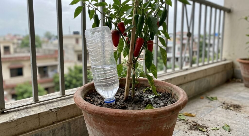 DIY self watering setup with an upside down plastic bottle pushed into a plant pot