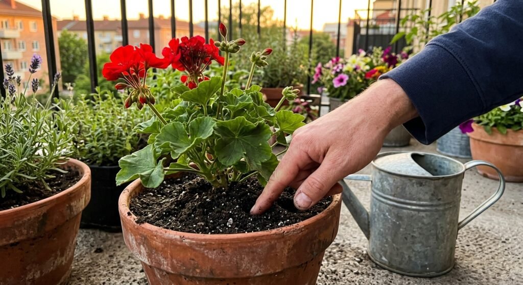 Checking pot soil moisture by hand before watering low maintenance balcony plants