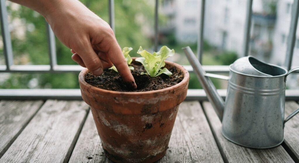 Hand checking soil moisture in a balcony vegetable container before watering