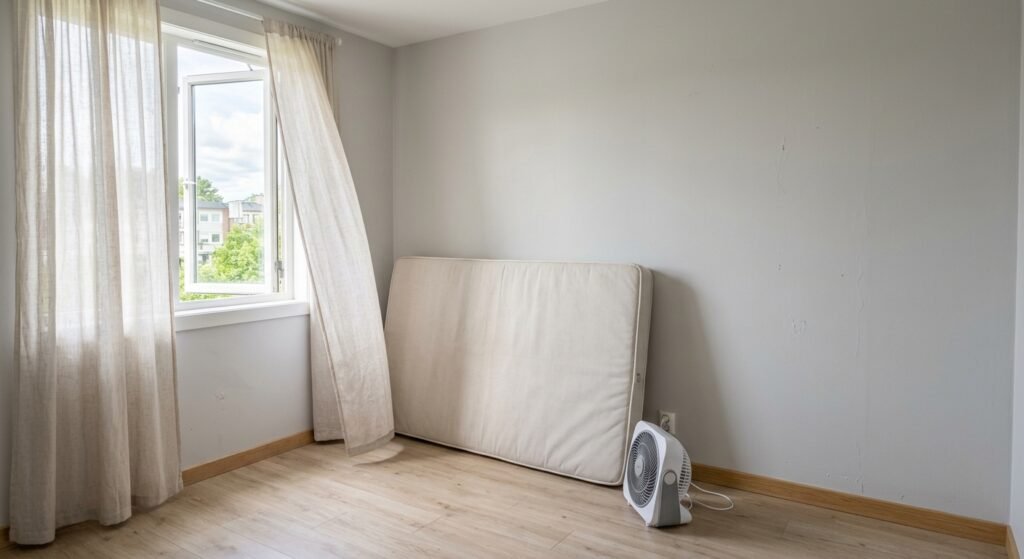 Bare mattress airing out near an open bedroom window with a fan to dry after cleaning