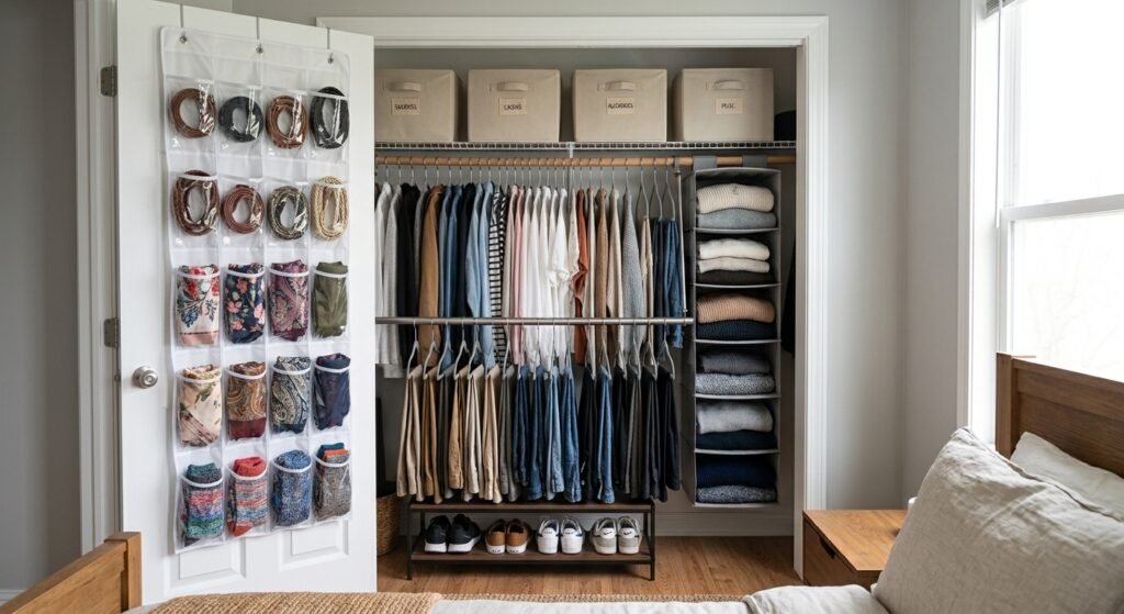 Over-door organizer with clear pockets holding belts, scarves, and small accessories