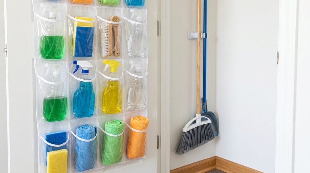Clear over-door shoe organizer holding cleaning supplies on the back of a closet door