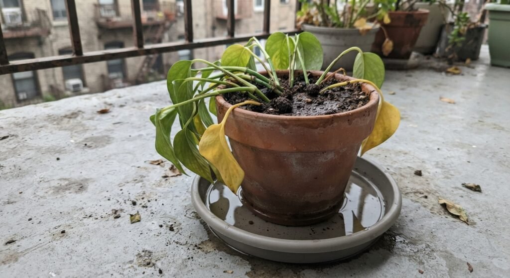 Overwatered container plant with yellowing lower leaves and wet soil