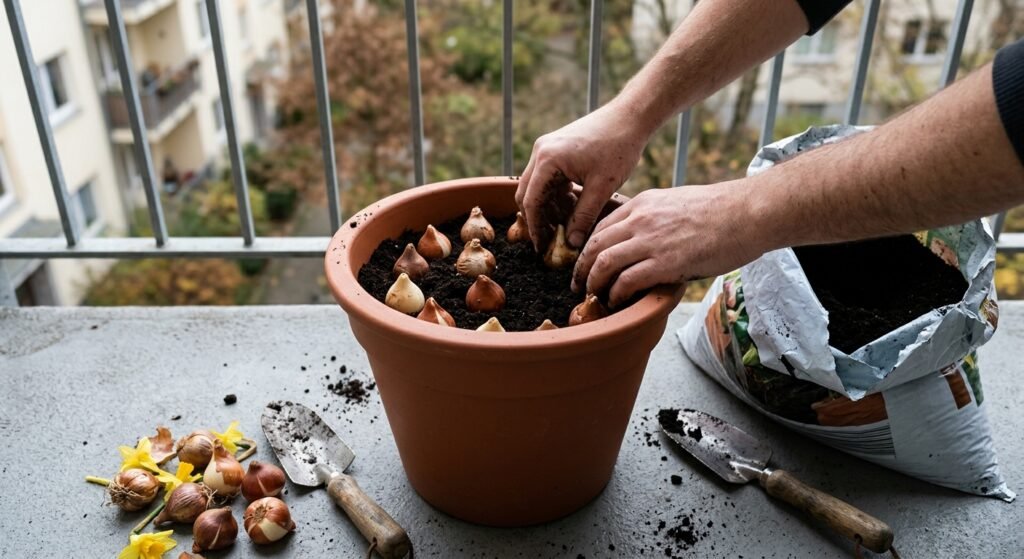 Hands planting spring bulbs in layers in a deep container in fall