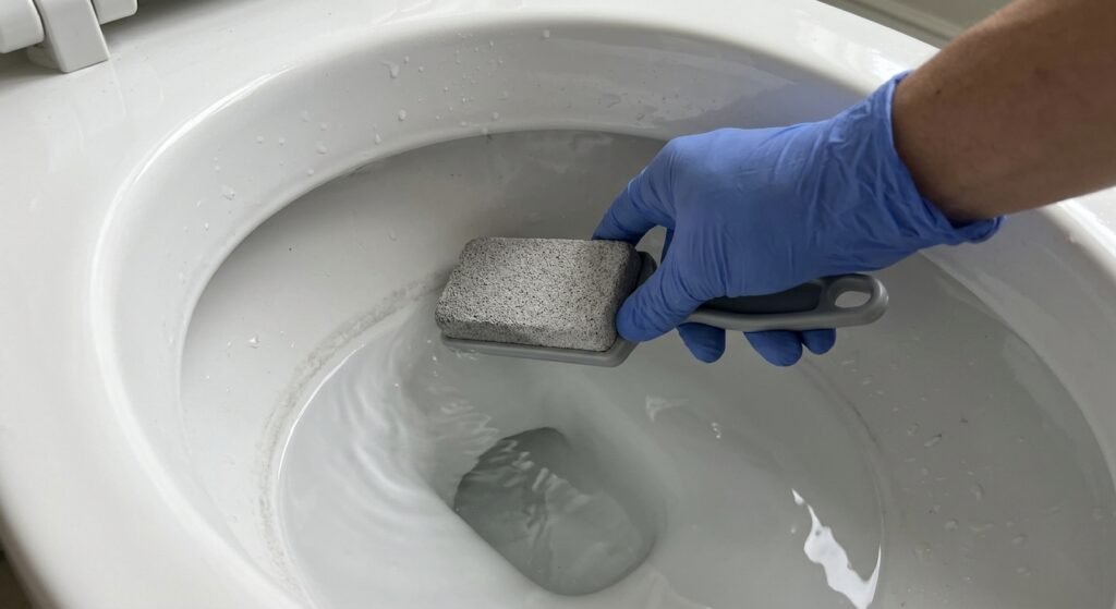 Wet pumice stone on a handle gently scrubbing a hard water ring inside a toilet bowl