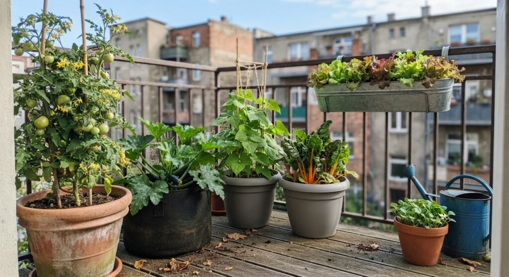 Beginner container vegetable garden setup with six pots on a compact balcony